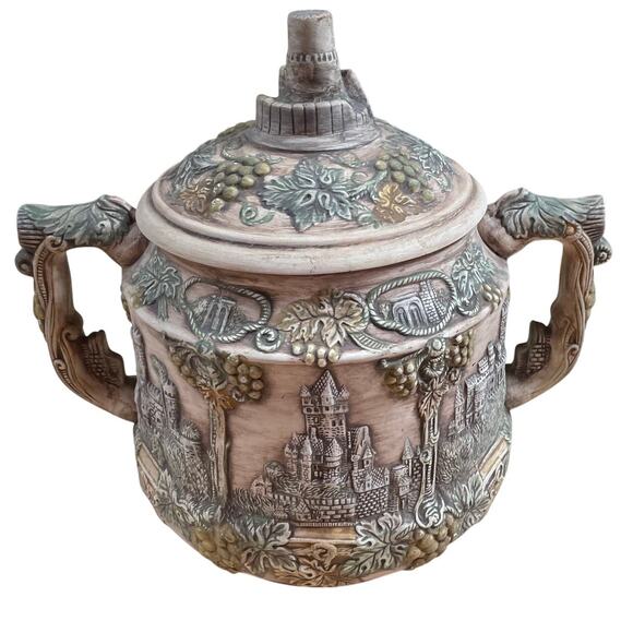 Vintage VTG Large Castle Style Ceramic Cookie Jar Small Chip Inside Lid - Picture 3 of 10